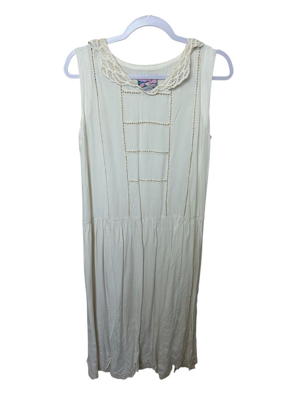 April Cornell Vintage 90s Cottagecore Cream Lace-Trimmed Women’s Dress